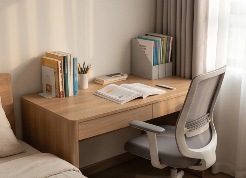 Hướng bàn học hợp tuổi Thìn: chuẩn Bát Trạch Nam Nữ & tự đo 7 Góc học tập dành cho học sinh cấp hai tuổi Nhâm Thìn với bàn gỗ và ghế tựa êm ái