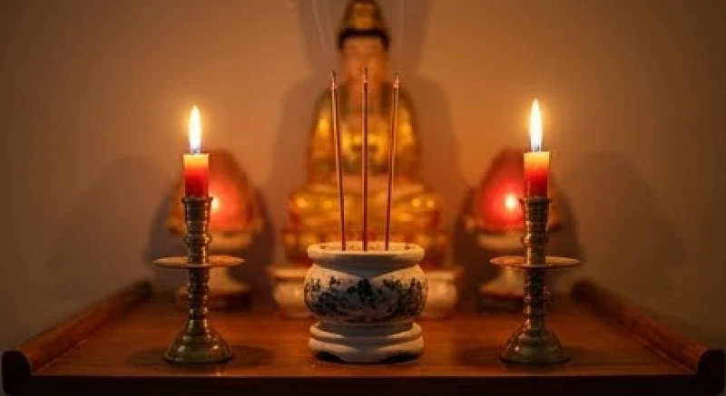 Bàn hương án dâng lễ Đức Phật Mẫu với đèn cầy thắp sáng và nhang trầm thơm ngát