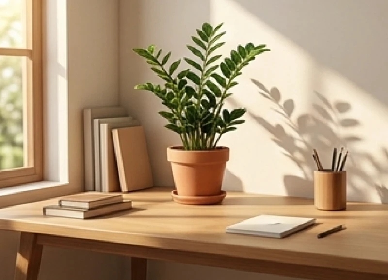 Bàn làm việc bài trí chậu cây Kim Tiền nhỏ giúp hóa giải hướng không hợp cho người mệnh Hỏa