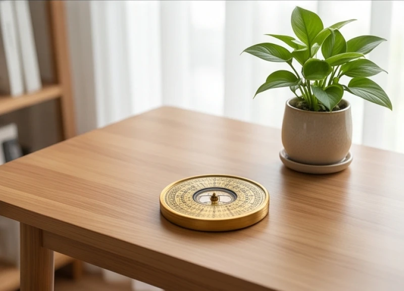 Góc bàn làm việc gỗ được bài trí ngăn nắp với chiếc la bàn phong thủy nhỏ và chậu cây xanh mát