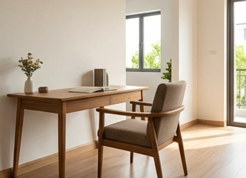 Bàn làm việc bằng gỗ đặt sát tường với ghế tựa chắc chắn hướng ra không gian sáng sủa