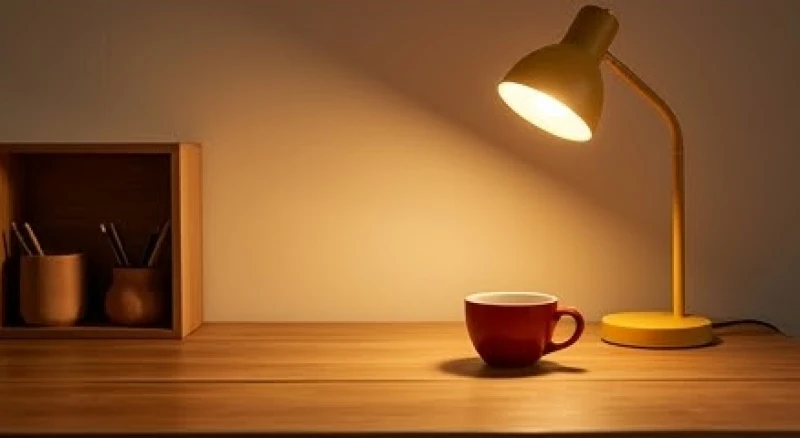 Bàn làm việc được bố trí đèn ánh sáng ấm và các vật dụng gốm sứ giúp cân bằng không gian phong thủy