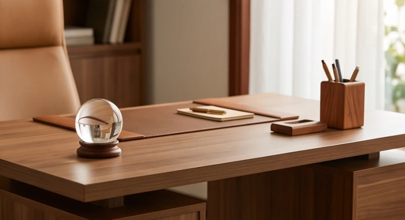 Góc bàn làm việc ngăn nắp với quả cầu đá bên trái và một chậu cây cảnh nhỏ bên phải