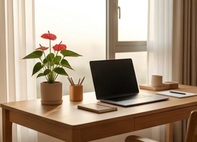 Mệnh Thổ hợp hướng nào: Bảng tra cung phi nam nữ và cách hóa giải 6 Góc làm việc gọn gàng bày trí chậu Hồng Môn lá đỏ nhằm kích hoạt năng lượng sáng tạo và thăng tiến
