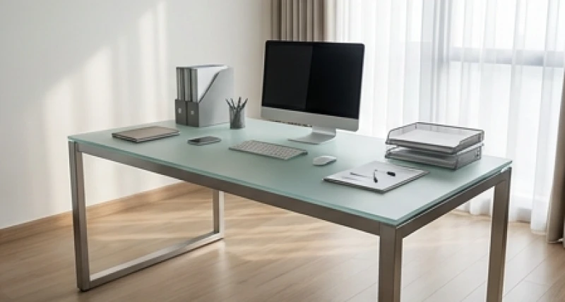 Bàn làm việc sang trọng bằng kim loại và kính cường lực được sắp xếp gọn gàng để đón luồng sinh khí