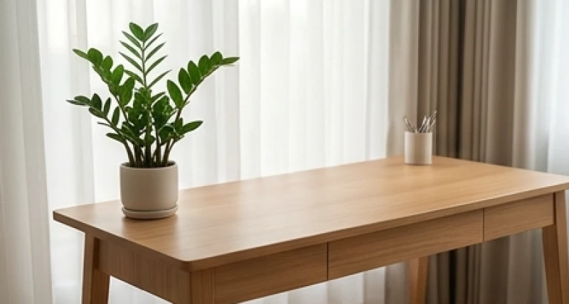 Bàn làm việc bằng gỗ được bố trí gọn gàng với một chậu cây Kim Tiền nhỏ đặt ở góc trái