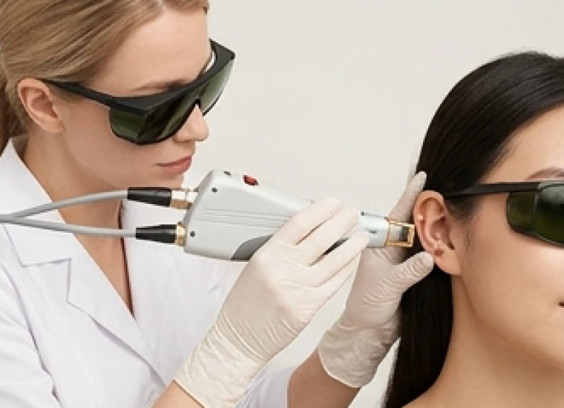 Nốt ruồi trong tai: Luận giải tướng số nam nữ và bảng giá tẩy 8 Chuyên gia thẩm mỹ đang thao tác thiết bị laser CO2 để xóa bỏ nốt ruồi lồi trên tai