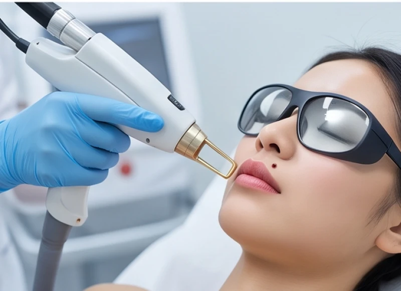 Bác sĩ sử dụng máy laser công nghệ cao để loại bỏ nốt ruồi đen trên môi an toàn