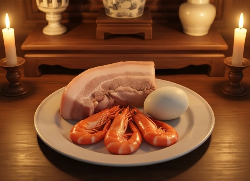 Mâm cúng tam sênh với tôm luộc thịt heo và trứng vịt được bày biện trang nghiêm