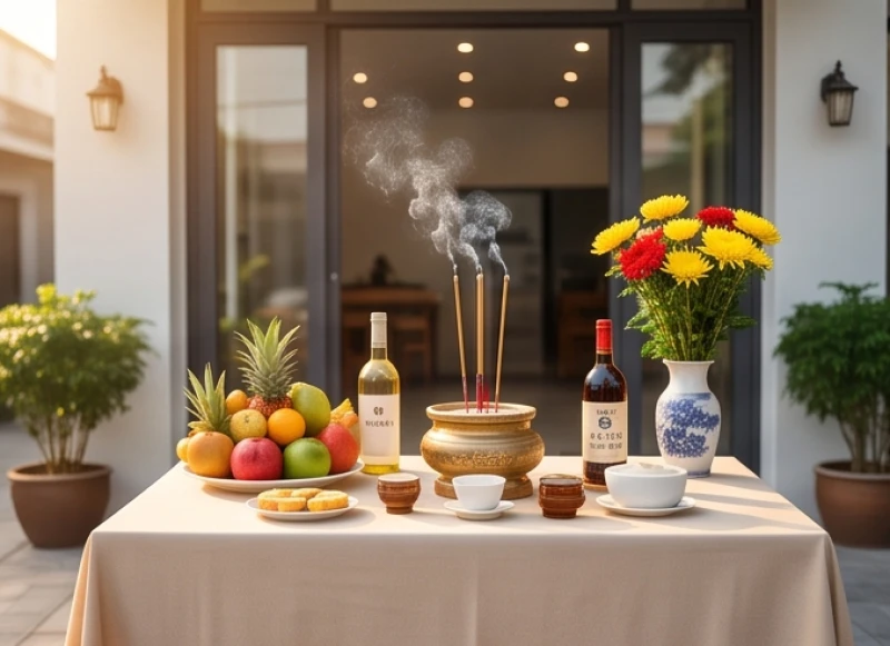 Văn khấn khai trương quán ăn: Bài cúng chuẩn và cách sắm mâm lễ 3 Bàn cúng khai trương mặt bằng mới được dọn sẵn trước cửa quán ăn để chuẩn bị đọc văn khấn