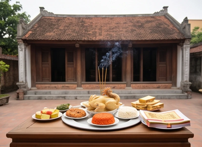Mâm lễ cúng sửa mái nhà được sắp xếp chỉnh chu với đầy đủ xôi gà và vàng mã trước hiên nhà