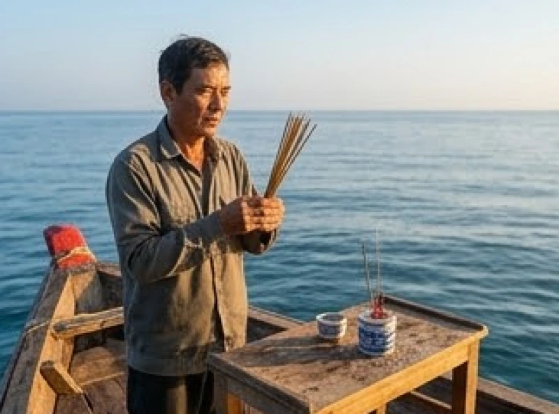 Người chủ tế thắp nhang bên bàn lễ cúng ghe thuyền được đặt cẩn thận ở phần mũi tàu hướng ra mặt biển
