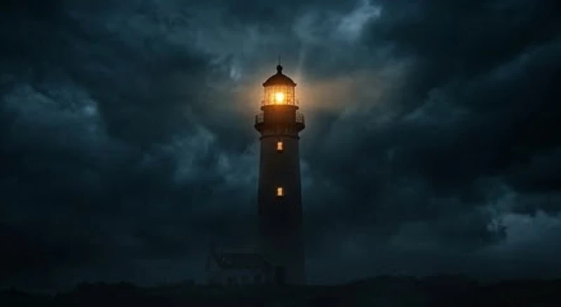 Ngọn hải đăng đứng vững vàng giữa cơn bão lớn phát ra luồng ánh sáng ấm áp