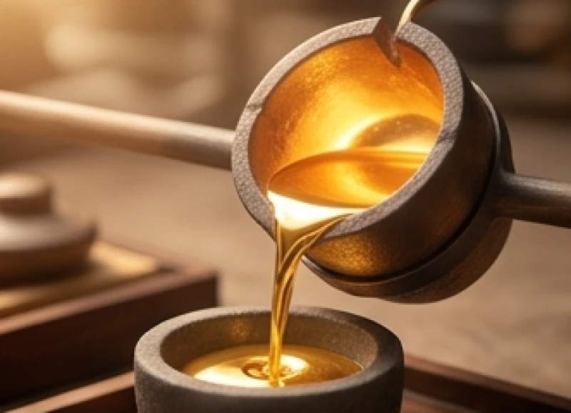 Khối kim loại đang nung chảy sáng rực đại diện cho bản mệnh Bạch Lạp Kim của nữ mạng Canh Thìn
