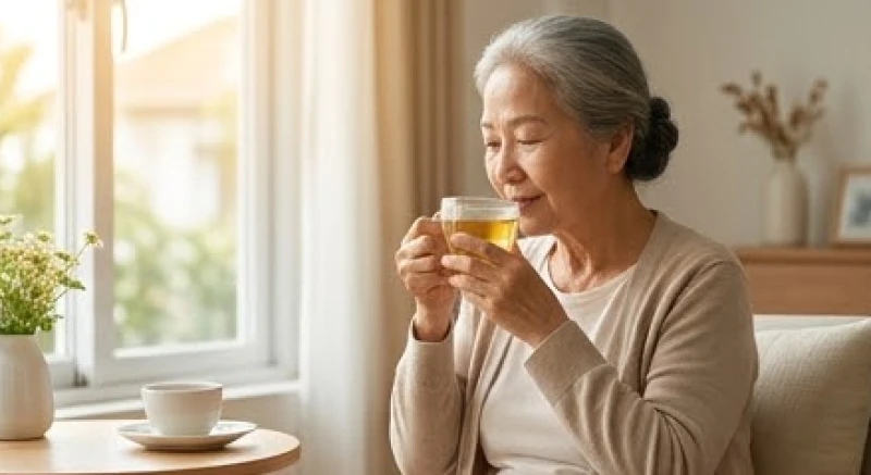 Tử vi trọn đời tuổi Canh Thìn 1940 nữ mạng: dưỡng sinh gia đạo 1 Cụ bà thảnh thơi uống trà trong không gian yên tĩnh hợp phong thủy tử vi tuổi Canh Thìn 1940 nữ mạng
