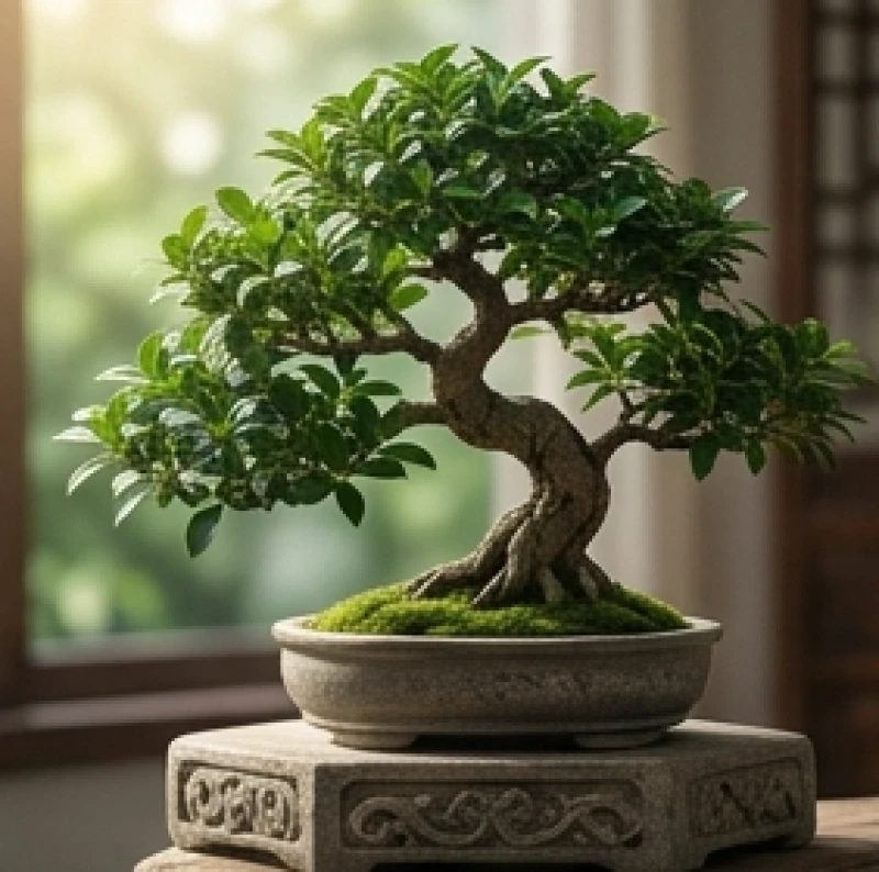 Cây cổ thụ bonsai xanh tốt tĩnh lặng đại diện cho sự vững chãi của mệnh Đại Lâm Mộc