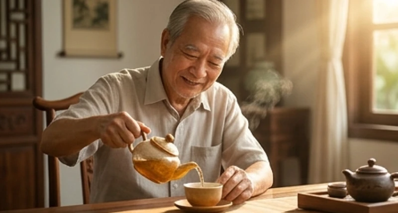 Cụ ông tuổi Ất Mùi tận hưởng cuộc sống an nhàn bên tách trà