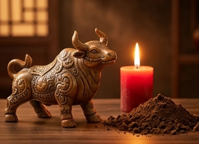 Mô hình trâu gốm sứ đặt cạnh ngọn nến đỏ cháy sáng tượng trưng cho bản mệnh Tích Lịch Hỏa của nam Kỷ Sửu 2009