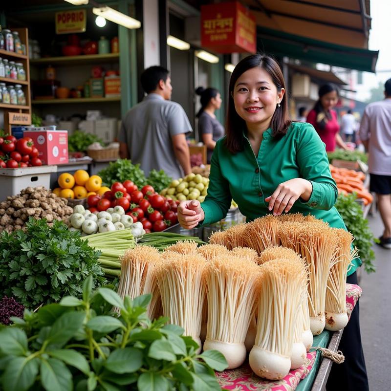 Bán nấm kim châm trong chợ