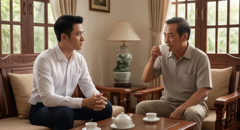 Bạn nam mặc sơ mi lịch sự đang căng thẳng trò chuyện với bố của bạn gái tại phòng khách