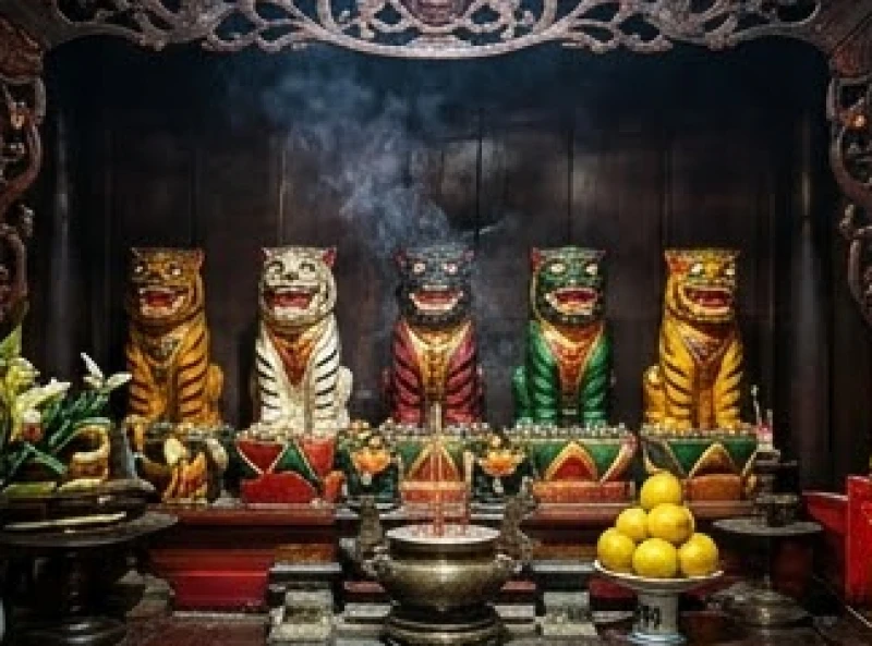 Ban thờ Ngũ Hổ nằm dưới gầm hương án được trang trí uy nghi với tượng năm ông mãnh hổ