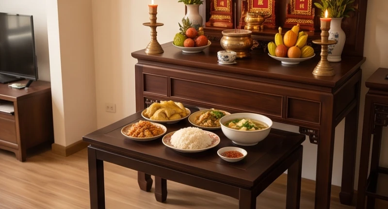 Thứ tự khấn thần linh và gia tiên: Quy trình chuẩn tránh phạm kỵ 5 Mâm cỗ mặn được đặt trang trọng trên bàn phụ thấp hơn phía trước bàn thờ chính để giữ sự thanh tịnh cho ban Thần linh