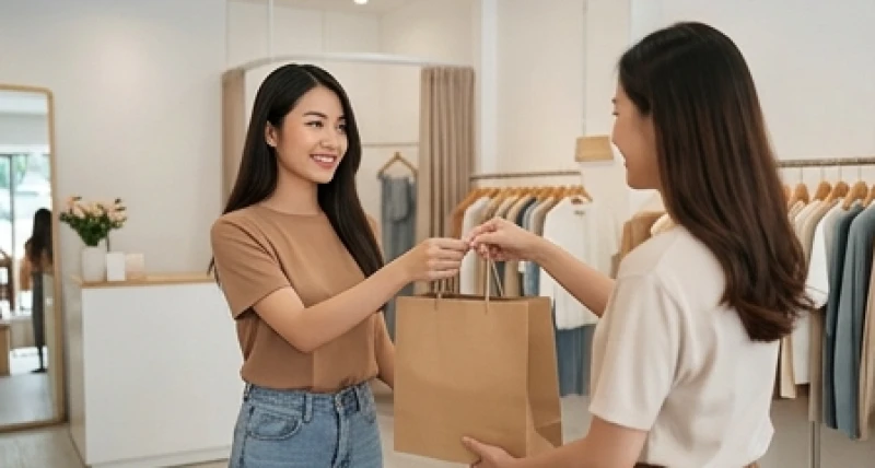 Mơ thấy bán quần áo: Điềm báo tài chính & bộ số may mắn 3 Chủ cửa hàng mỉm cười trao túi đựng quần áo mới tinh cho khách hàng giữa không gian shop thời trang hiện đại