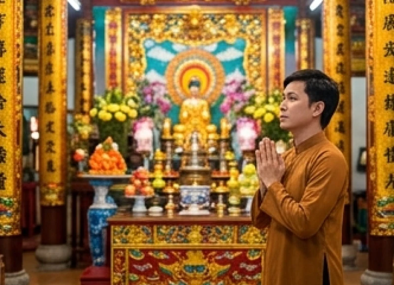 Người dâng hương đứng nghiêm trang chắp tay khấn vái trước ban thờ uy nghi lộng lẫy