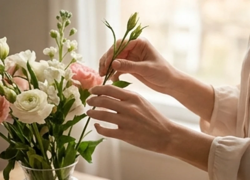 Tướng ngón tay dài: Tỷ lệ mốc đo, luận nam nữ và nhẫn cải vận 6 Đôi bàn tay búp măng thanh tao của phụ nữ đang cắm hoa nghệ thuật trên bàn