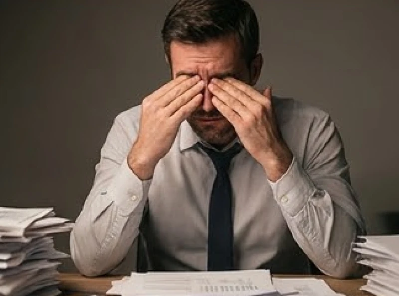 Người đàn ông xoa bóp thái dương tỏ vẻ mệt mỏi bên cạnh bàn làm việc có nhiều tài liệu