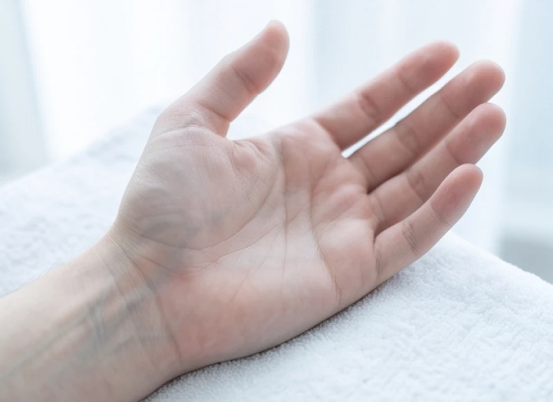 Lòng bàn tay có sắc diện nhợt nhạt và lộ rõ các đường gân xanh mờ ở phần mép ngoài