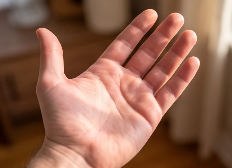 Bàn tay mở rộng có da dẻ hồng hào và đường chỉ tay trúng số đậm nét