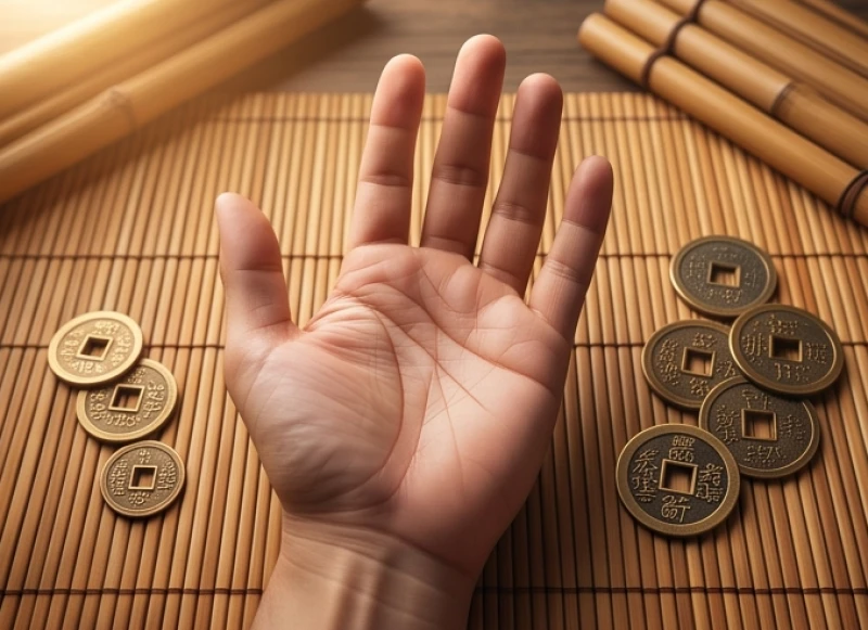Lòng bàn tay mở rộng với các nếp nhăn sinh học rõ nét được đặt bên cạnh những đồng xu cổ