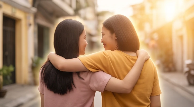 Hai người bạn khoác vai nhau mỉm cười tự tin hướng về phía ánh sáng ấm áp rực rỡ ở phía trước