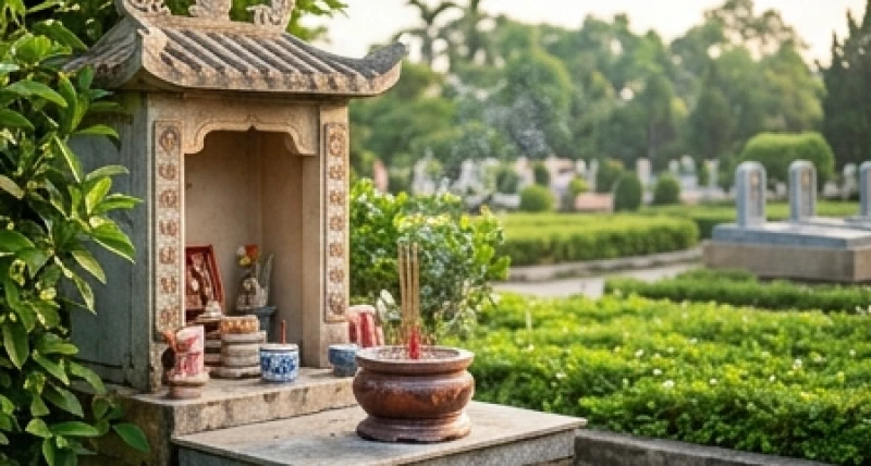 Ban thờ Thổ Địa và Thần linh cai quản được đặt trang trọng bên cạnh khu vực đài tưởng niệm trung tâm