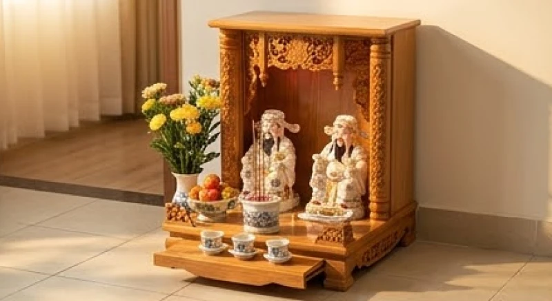 Không gian bàn thờ Thần Tài Thổ Địa được dọn dẹp sạch sẽ và lên hương đúng giờ hoàng đạo