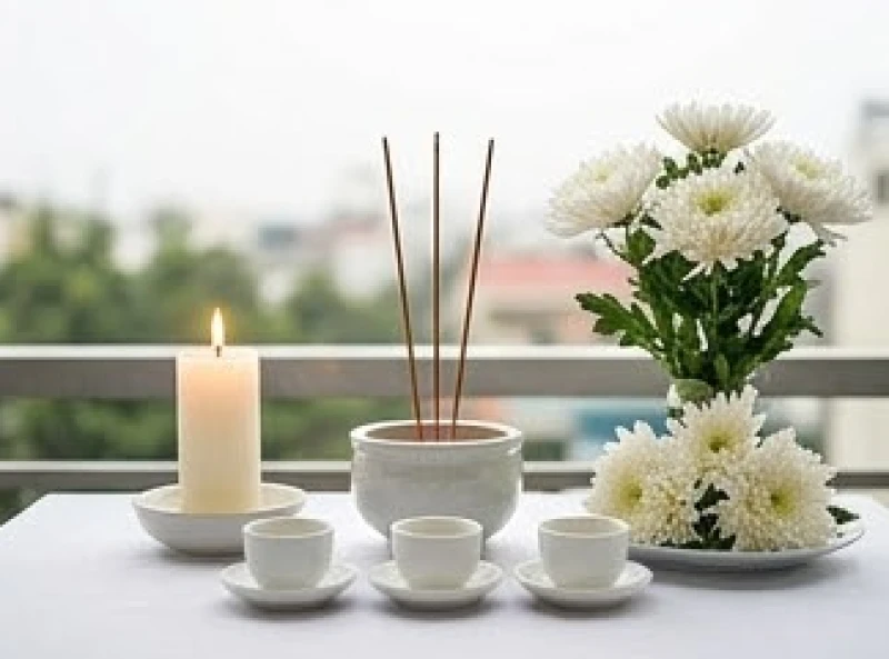 Bàn thờ nhỏ tinh tươm lập tại gia đình với hương hoa, trà quả hướng về phương xa để bái vọng đền thiêng