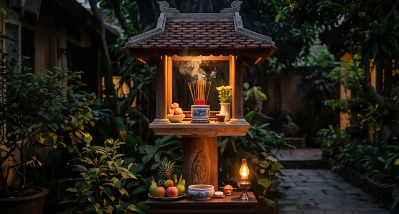 Văn khấn ngoài trời ngày 30 Tết: Bài cúng Trừ Tịch và hướng đặt lễ 12 Bàn thờ cây hương cố định dạng trụ xây phía trước sân nhà dùng để thắp nhang cúng lễ hàng ngày