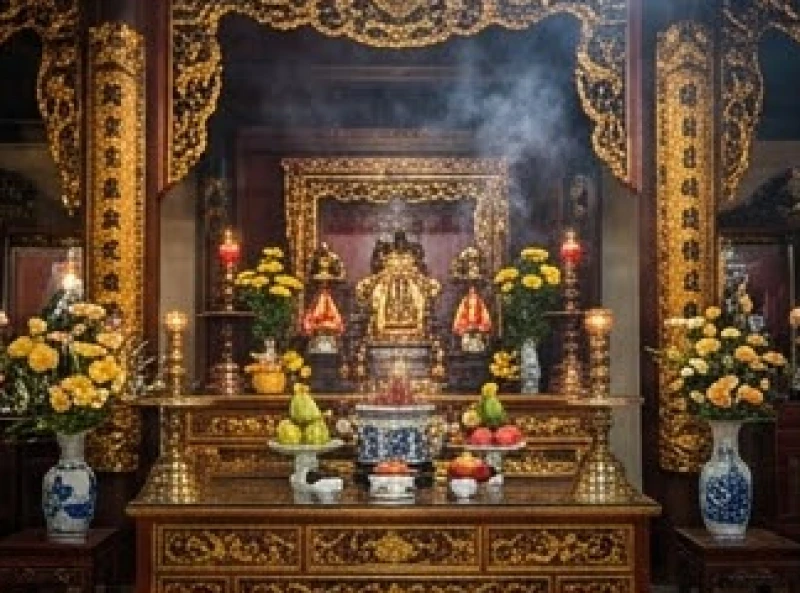Ban thờ uy nghi bên trong đền với ánh nến lung linh và các mâm lễ được dâng cúng cẩn thận