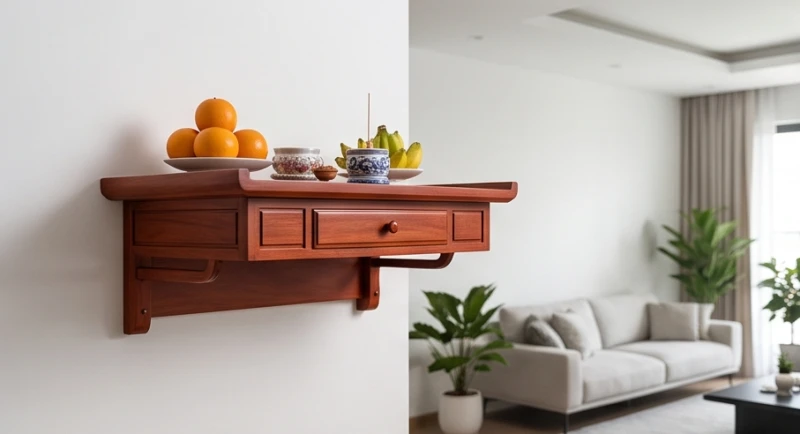 Mẫu bàn thờ treo tường bằng gỗ gõ đỏ nhỏ gọn được lắp đặt chuẩn phong thủy dành cho không gian căn hộ chung cư