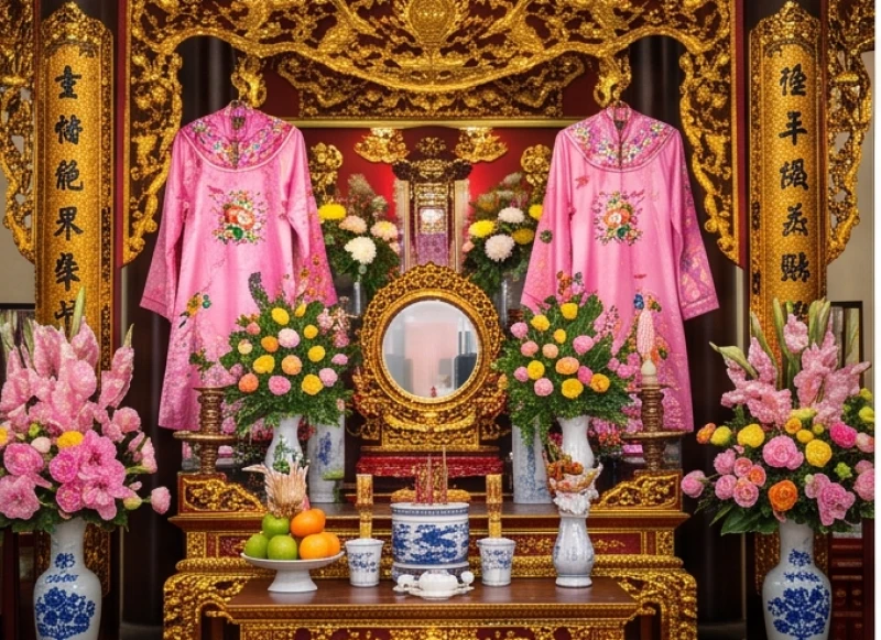 Không gian ban thờ Tứ Phủ Thánh Cô nổi bật với y phục màu hồng phớt đặc trưng của Cô Chín