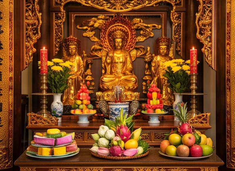 Ban Công Đồng lộng lẫy với hệ thống tượng thờ sơn son thiếp vàng và các mâm đồ lễ được dâng lên kính cẩn
