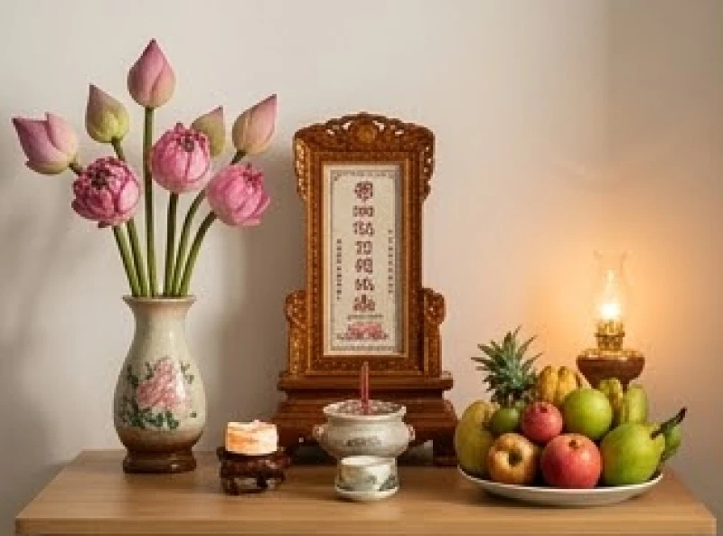 Văn khấn Diêu Trì Kim Mẫu tại nhà: Trình tự dâng lễ và bài cúng 1 Bàn thờ dâng cúng Mẹ Diêu Trì Kim Mẫu được bài trí thanh tịnh với hoa sen và mâm ngũ quả tươi