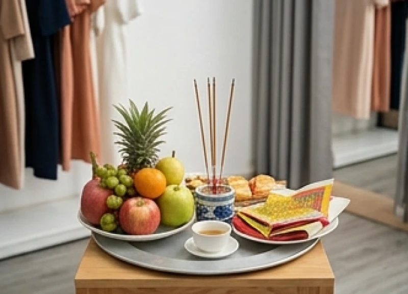 Mâm lễ cúng ông Công ông Táo được bày biện trang trọng tại cửa hàng kinh doanh giúp thu hút vượng khí.