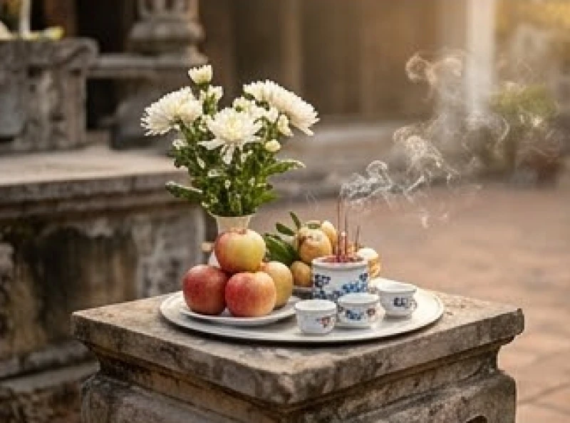 Mâm lễ chay nhỏ gọn gồm hương hoa quả ngọt được đặt trang trọng tại ban thờ ngoài trời