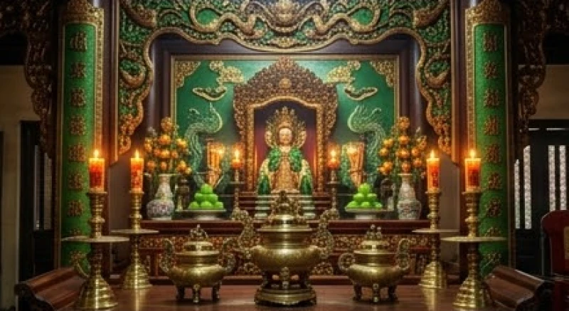 Văn khấn Đền Cô Bé Chí Mìu: Bài xin lộc, lễ tạ chuẩn nghi thức 1 Ban thờ trang nghiêm tại Đền Cô Bé Chí Mìu với sắc xanh lá bản mệnh đặc trưng