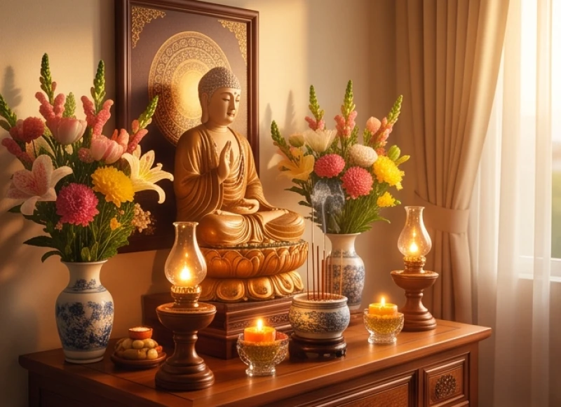 Văn khấn Địa Tạng tại nhà: Bài cúng cầu an, cầu siêu đúng lễ 1 Không gian thờ tự Đức Địa Tạng trang nghiêm với đầy đủ hương hoa và mâm lễ thanh khiết