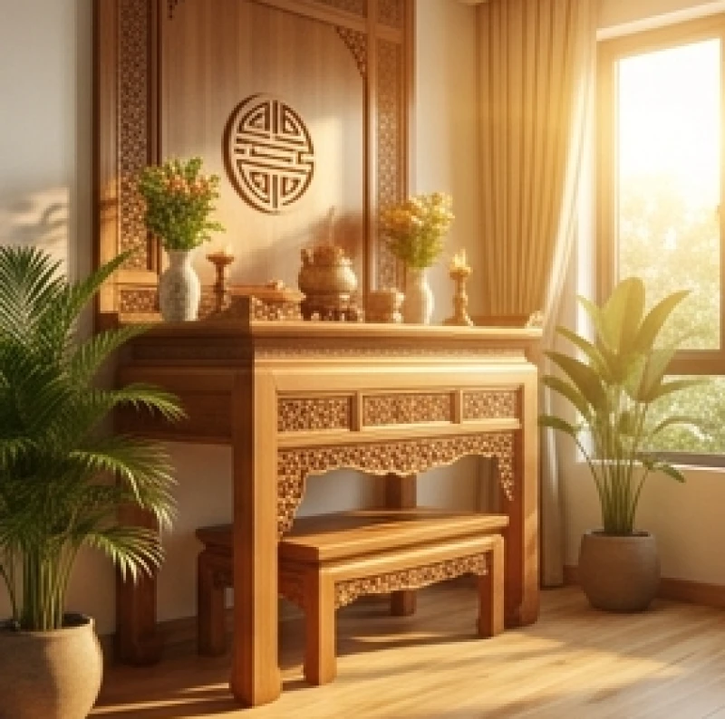 Hướng bàn thờ hợp tuổi Thân: Bảng tra Nam Nữ & kích thước chuẩn 2 Bàn thờ gỗ chạm khắc tinh xảo đặt theo hướng Sinh Khí đón ánh sáng tự nhiên rực rỡ vào buổi sáng thanh tịnh
