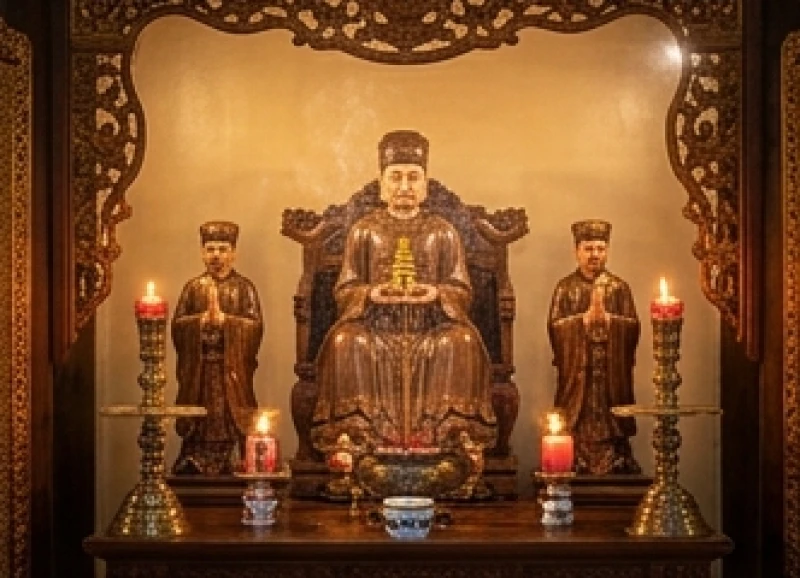 Văn khấn Đức Chúa Ông: Bài cúng chuẩn tâm linh và cách sắm lễ 1 Tôn tượng Đức Chúa Ông uy nghi được đặt trang trọng tại ban thờ riêng biệt trong khuôn viên nhà chùa