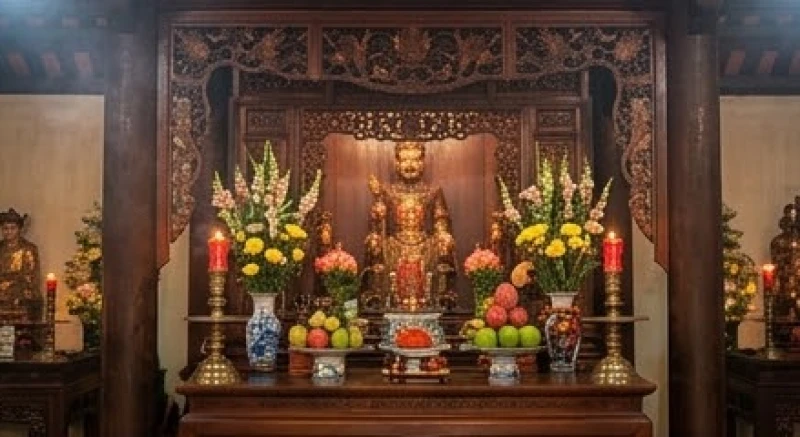 Văn khấn nhận con nuôi tại chùa: Cách sắm lễ và viết sớ chuẩn 2 Ban thờ Đức Chúa Ông uy nghi tại chùa với khói nhang trầm ấm và ánh sáng đèn lồng thanh tịnh.